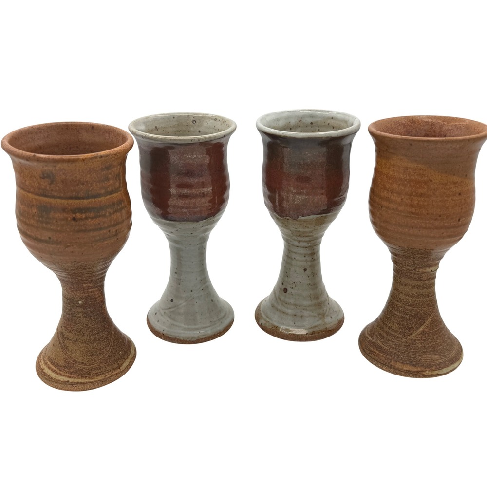 Vintage Studio Pottery Goblets Set of 4 Hand-Thrown Ceramic Chalices Signed